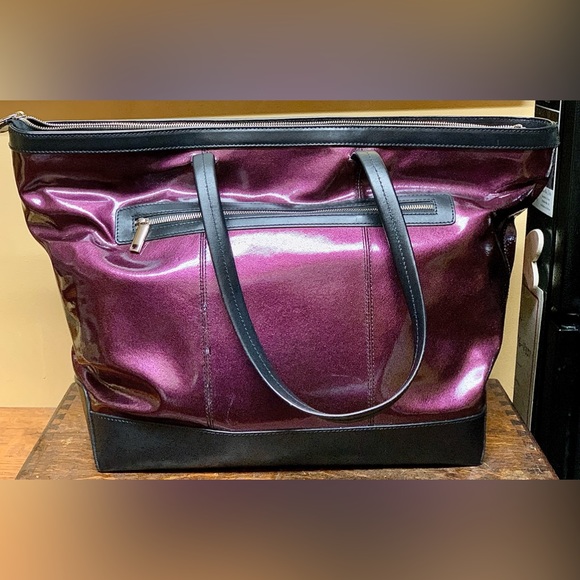 LODIS Black Leather Purple Aluminum Flash Laptop Tote Overnight Handbag Purse - Picture 2 of 16